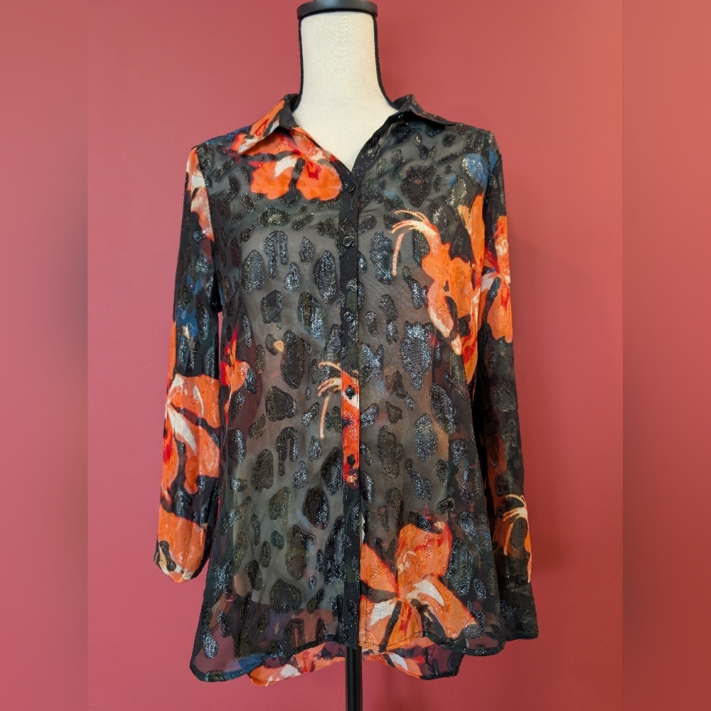 Guess Black and Orange Floral Button Down Shirt